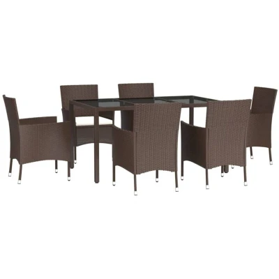 Image of Vidaxl 7 Piece Garden Dining Set with Cushions Brown Poly Rattan