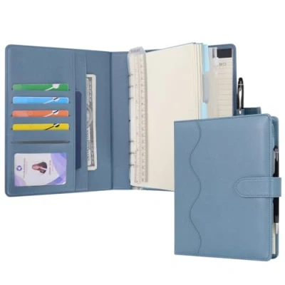 Image of Wason A5 Diary Leather PU Lined Notebook Refillable Paper Journal, Removable Ring Binder Portfolio with Clipboard Writing Notepad and Pen for Travel Business School Agenda Organizer (Mist blue)