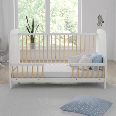 Image of Love For Sleep MADDOX Cot Bed 140x70cm Adjustable Base, Converts to Toddler &amp; Sofa Wooden Barriers Included Baby Crib from Birth 6 Years (White/Pine, Bed)