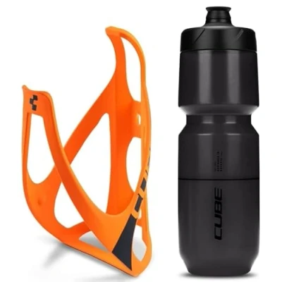 Image of Cube HPP Cage Matt Orange/Black &amp; Icon Bottle Black, 750ml / Water Drink Flask Vessel Bidon Holder Mount Bracket Kit Lightweight Plastic Drinking Hydration Biking Bike Riding Frame Accessories