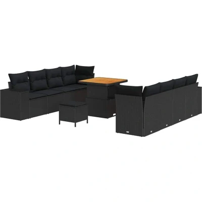Image of vidaXL 11 Piece Garden Sofa Set with Cushions Black Poly Rattan Acacia