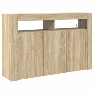 Image of vidaXL Sonama Oak Sideboard Engineered Wood Cabinet with LED Lighting, Rectangular Storage Buffet for Living Room/Dining Room, 116x30x75 cm, Brown Finish