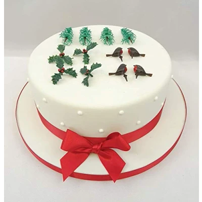 Image of Christmas Cake/Yule Log Toppers Holly Leaf Christmastree Robin x 4 Each Decorations
