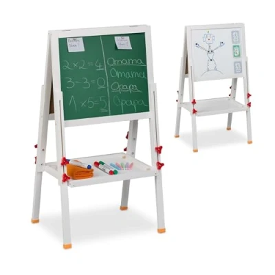Image of Relaxdays Children&#039;s Easel, Height Adjustable, Magnetic, Whiteboard &amp; Chalkboard, HxWxD: 104 x 45 42 cm, Wood, White