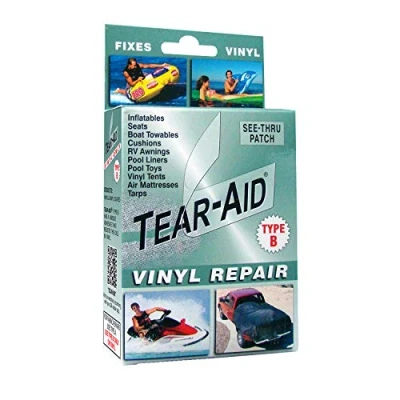 Image of TEAR AID Vinyl Repair Kit, Type B Clear Patch for and Coated Materials, Works on Tents, Awnings, Air Matresses, Pool Liners &amp; More, Green Box, Single Pack