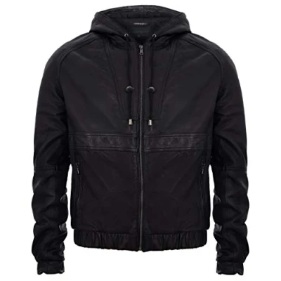 Image of Men&#039;s Casual Black Nappa Leather Biker Jacket with Hood XS