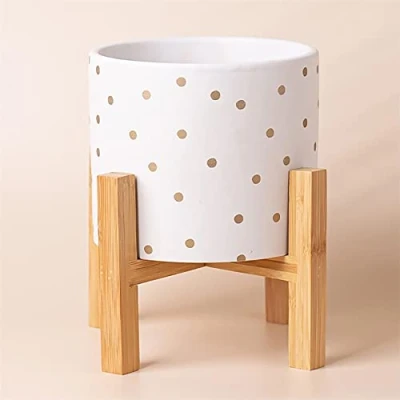 Image of Leaf Ceramic Indoor Cachepot Planters, 23.5cm Gold Dot with Stand