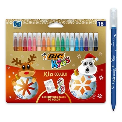 Image of Bic Kids Kid Couleur Felt Tip Colouring Pens Medium Point, Christmas Edition Assorted Colours, Pack of 18
