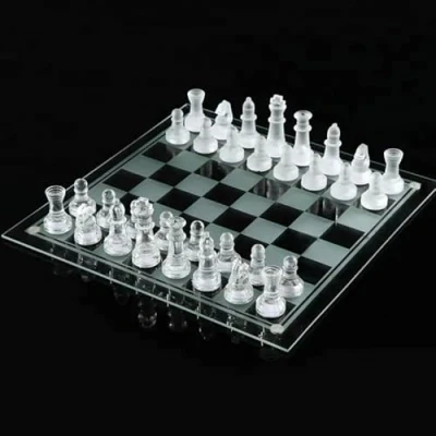 Image of KAV Glass Chess Game Set Frosted and Polished Board Pieces with Padded Bottom Stylish Decorative 2 in 1 Crystal Play for Parties, Festivals (25 x 25 cm)