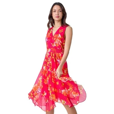 Image of Roman Originals Floral Print Shirred Asymmetric Dress for Women UK Ladies Everyday Holiday Spring Summer V Neckline Comfy Soft Evening Vacation Work Party Cerise Size 20