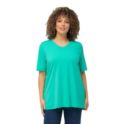 Image of Ulla Popken Women&#039;s T Shirt, A line, V Neck, Half Sleeves, 807284, Turquoise Green, 20 UK/22 UK