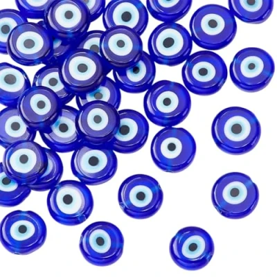 Image of NBEADS 1 Strand 38 Pcs Evil Eye Beads, 10mm Blue Handmade Lampwork Beads Flat Round Spacer Glass Charms for Bracelets Necklace Jewelry Making