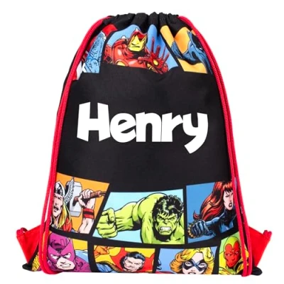 Image of Marvel Avengers Drawstring Bag Kids PE KIT For boys &amp; girls School Personalised Gift Swimming Black (Black)