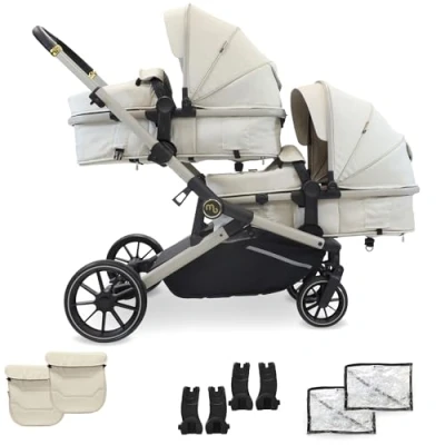 Image of My Babiie MB33 Tandem Pushchair Birth to 15kg Double Stroller, Twin Seat Units Convert Carrycot, 11 Configurations, Duo Includes Car Adapters, Rain Covers Ivory