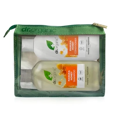 Image of Dr Organic Manuka Honey Shampoo &amp; Conditioner Set with Travel Bag, Restoring, Dry Hair, Natural, Vegetarian, Cruelty Free, Paraben SLS Recyclable Recycled Ocean Bound Plastic, Organic, 265ml