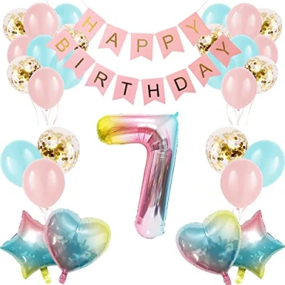 Image of Apradas Baby Girl 7th Birthday Decorations Gradient Color Age 7 Balloons with Happy Banner for Showers Seventh Party Supplies Girls Boys (7th Birthday)