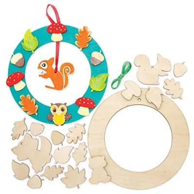 Image of Baker Ross FE687 Woodland Animal Wooden Wreath Kits Pack of 2, Ring to Decorate and Display, Wood Crafts for Kids, Make Your Own Decorations