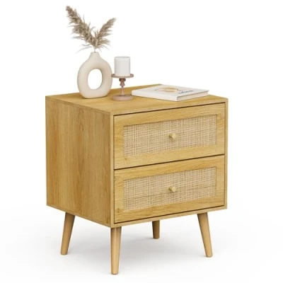 Image of VonHaus Bedside Table for Bedroom Scandi Style Natural Rattan 2 Drawer Nightstand with Metal Handle &amp; Tapered Legs Boho Side Living Room, Cane Cabinet Storage (1)