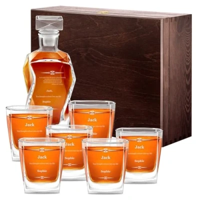 Image of Maverton Classic Curve Whiskey Decanter Set of 6 Glasses You can Personalise Tumblers as Gift 700 ml Universal Carafe Acknowledgement