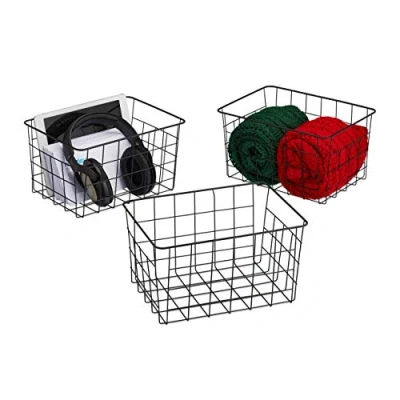 Image of Relaxdays Wire Set of 3 Rectangular Mesh Storage, HW 15.5 x 28 20 cm, Decorative Metal Basket, Black, Items