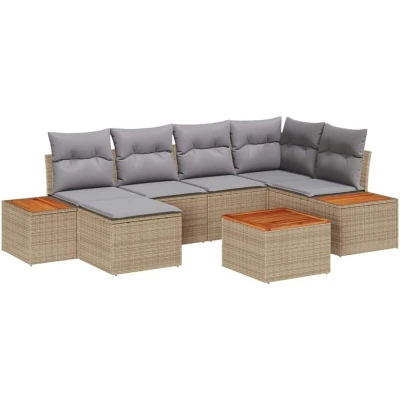 Image of vidaXL 7 Piece Garden Sofa Set with Cushions Beige Poly Rattan Acacia