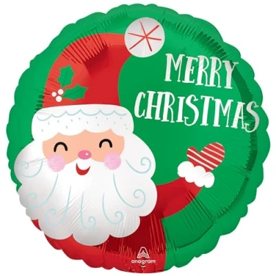 Image of Amscan Anagram 4334801 Smiley Santa &#039;Merry Christmas&#039; Green Round Foil Balloon 18&quot;