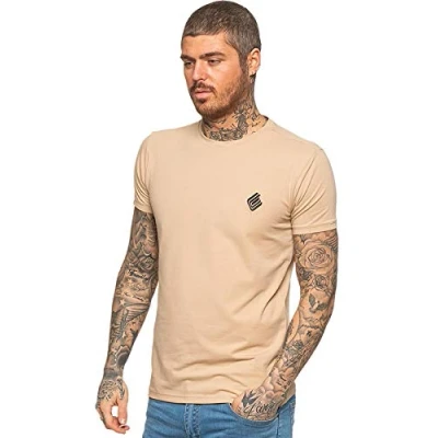 Image of EZTS581 Enzo Mens Slim Fit T Shirt Muscle Stretch Tee Gym Crew Neck Short Sleeve Top Beige XL