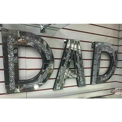 Image of Biznest DAD Sign Silver Crushed Crystal Diamond Mirror Letters Wall Hung Home Décor