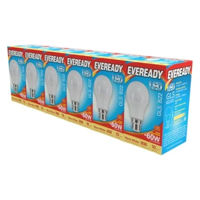 Image of Eveready B22 Bayonet GLS LED Bulb 8.8W (60W Equivalent) Warm White (3000k) 806 Lumens Non Dimmable Light Bulb. Pack of 6 Bulbs