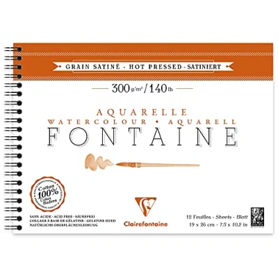 Image of Clairefontaine Ref 96352C Fontaine Hot Pressed Watercolour Wirebound Pad (12 Sheets) 19 x 26cm Size, 300gsm Paper Suitable for Artwork