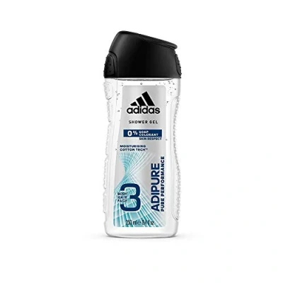 Image of adidas adipure 3 in 1 Shower Gel for Men Gentle Cleansing of Body, Hair &amp; Face pH Skin Friendly Pack 4 (4 x 250 ml)