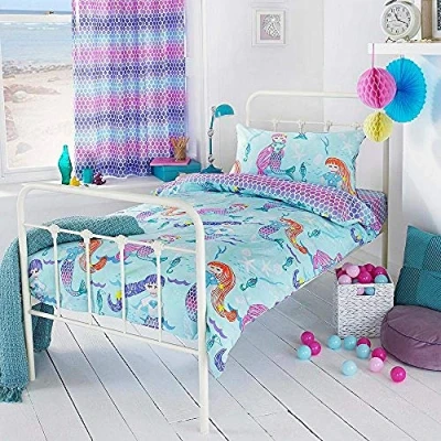 Image of Riva Paoletti Kids Mermaid Toddler Duvet Cover Set Multicolour Blue Reversible Underwater Design 1 X Pillowcase Included Polycotton Machine Washable 120 150Cm (47&quot; 59&quot; Inches)