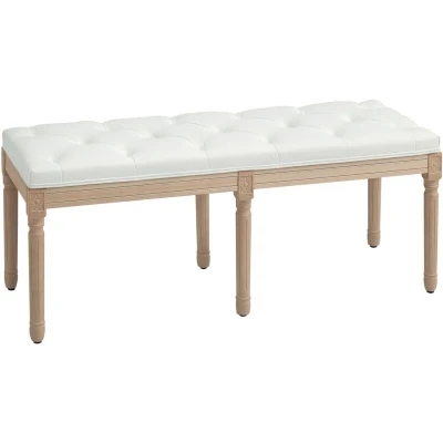 Image of HOMCOM Bedroom End of Bed Bench, 117cm French Vintage Bench with Thick Padding and Wood Legs, Button Tufted for Entryway Living Room Decor, Cream White