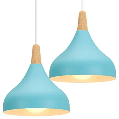 Image of iDEGU Set of 2 Retro Pendant Ceiling Lights Modern Drop Style Hat Lampshade E27 Light Fixture in Metal Wood Lamp for Bedroom, Dining Room, Kitchen, Φ 20 cm (Blue)