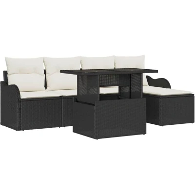 Image of vidaXL 6 Piece Garden Sofa Set with Cushions Black Poly Rattan