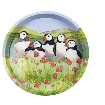 Image of Emma Ball Colourful Round Tin Tea/Drinks Tray Puffins in Sea Thrift Design 32 cm