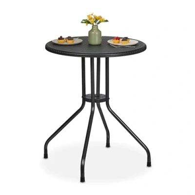 Image of Relaxdays Garden Table, HWD: 73 x 60 cm, Rattan Look, Plastic &amp; Steel, Outdoor Dining, Round, for Balcony, Black