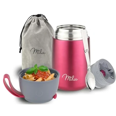 Image of Milu® Thermo Food Flask 300, 440, 450, 650, 800ml Stainless Steel Insulated Container Lunchbox Jar with Spoon for hot and Cold (Berry, 650ml)