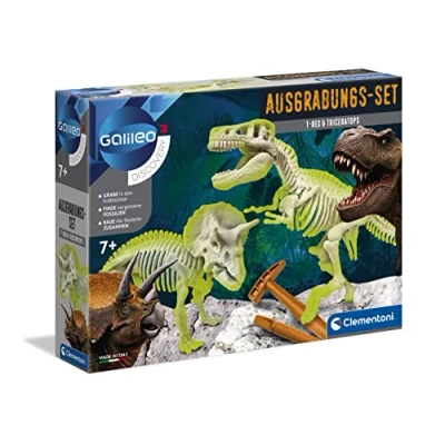 Image of Clementoni Galileo Discovery T Rex &amp; Triceratops Excavation Set, Toy for Children from 7 Years, Digging Dinosaur Fossils with Hammer Chisel, Ideal as a Gift 69408