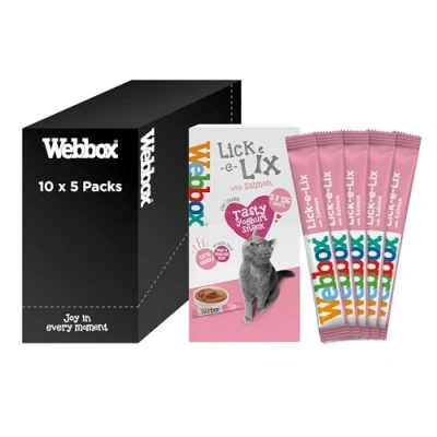 Image of Webbox Lick e Lix Cat Treats, Salmon Kitten Friendly, Grain and Gluten Free, No Artificial Preservatives or Colours (10 x 5 Packs)
