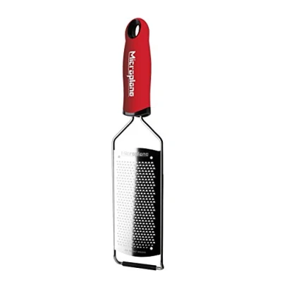 Image of Microplane Kitchen Grater Fine for Hard Cheese, Citrus Fruits, Garlic, Chili, Cinnamon and Nutmeg in Red with Stainless Steel Blade Made USA