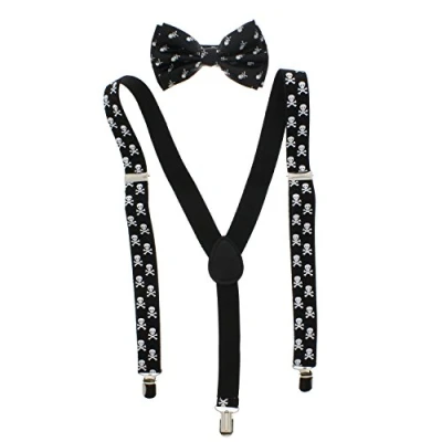 Image of Zac&#039;s Alter Ego Men&#039;s Matching Skull &amp; Crossbones Suspenders Pre Tied Bow Tie