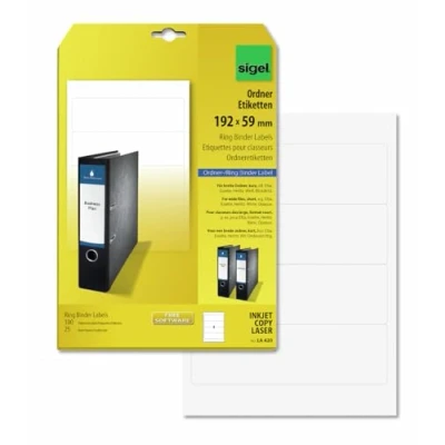 Image of SIGEL LA420 Ring Binder Labels, 19.2 x 5.9 cm, 100 lbl equal to 25 sheets, opaque, White