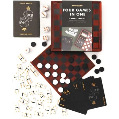 Image of Iron &amp; Glory Games Night Wooden Compendium With Dice Set, Playing Cards, Dominoes Set Checkers 4 In 1 Travel For Adults Adult Board Coffee Table Decor Living Room