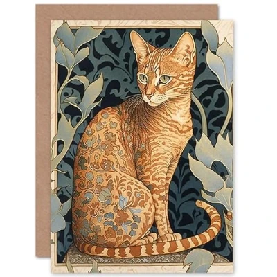Image of Artery8 Ocicat Cat with Flower Pattern Fur Coat Art Nouveau Watercolour Illustration Birthday Sealed Greeting Card Plus Envelope Blank inside