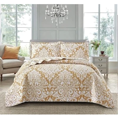 Image of Householdfurnishing 3 Piece Printed Patchwork Bedspread Quilted Bed Throw Comforter with Pillow Shams (Royal Damask Gold, Super King)