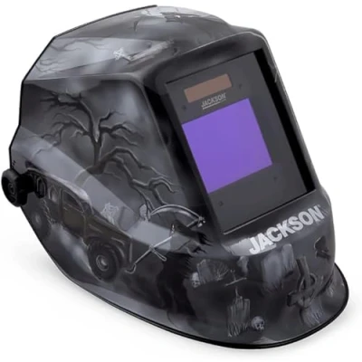 Image of Jackson Safety Premium Auto Darkening Welding Helmet Mask with 3/10 Shade Range, 1/1/1/1 Optical Clarity, 1/25,000 response time, 370 Speed Dial Headgear, 6 Feet Under, Black/Grey/White Plaid, 47100