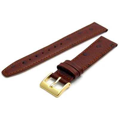 Image of Men&#039;s Genuine Leather Watch Strap Band Ostrich Grain 18mm Brown with Gilt (Gold Colour) Buckle WH1015G