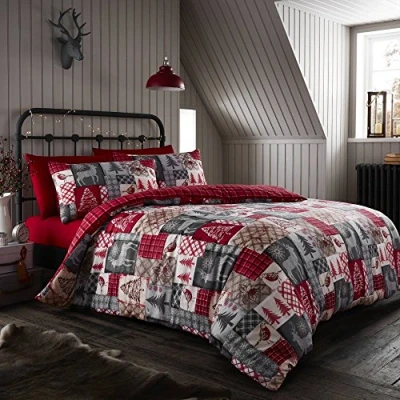 Image of Happy Linen Co Christmas Patchwork Red Double Reversible Duvet Cover Bedding Set