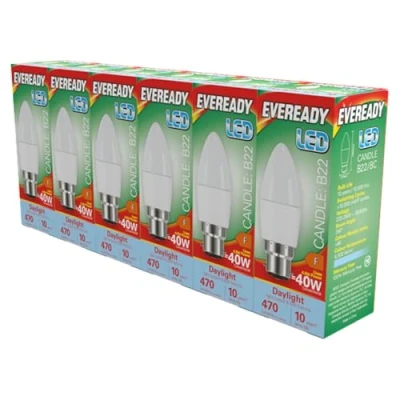 Image of Eveready LED B22 Candle Bulb 4.9W Replaces 40W Daylight (6500k) 470 Lumens Non Dimmable Light Bulb. 6 Pack
